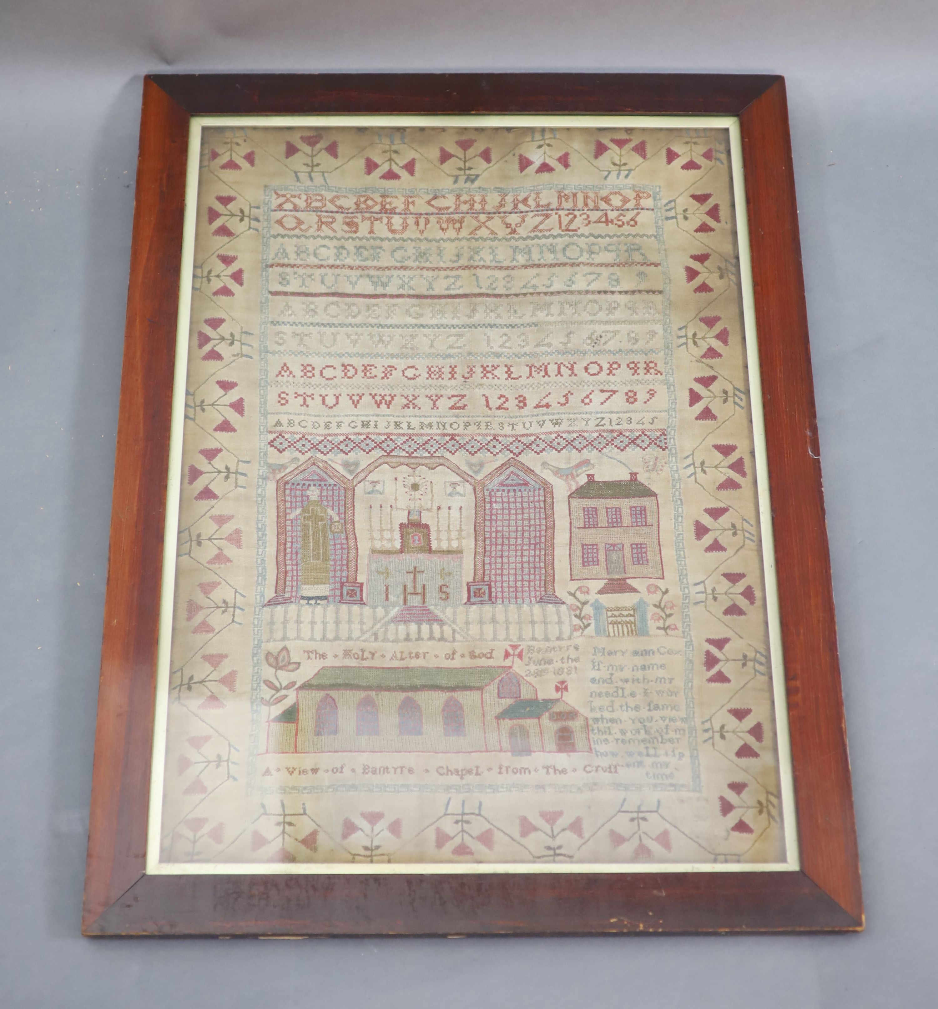 A large William IV alphabetical sampler, by Mary Ann Cox, dated 1831, 75 x 53cm